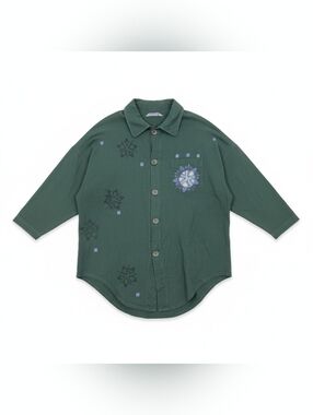Vintage 90s Blue Fish XL Forest Green Jacket Handpainted Lagenlook Cotton Art
